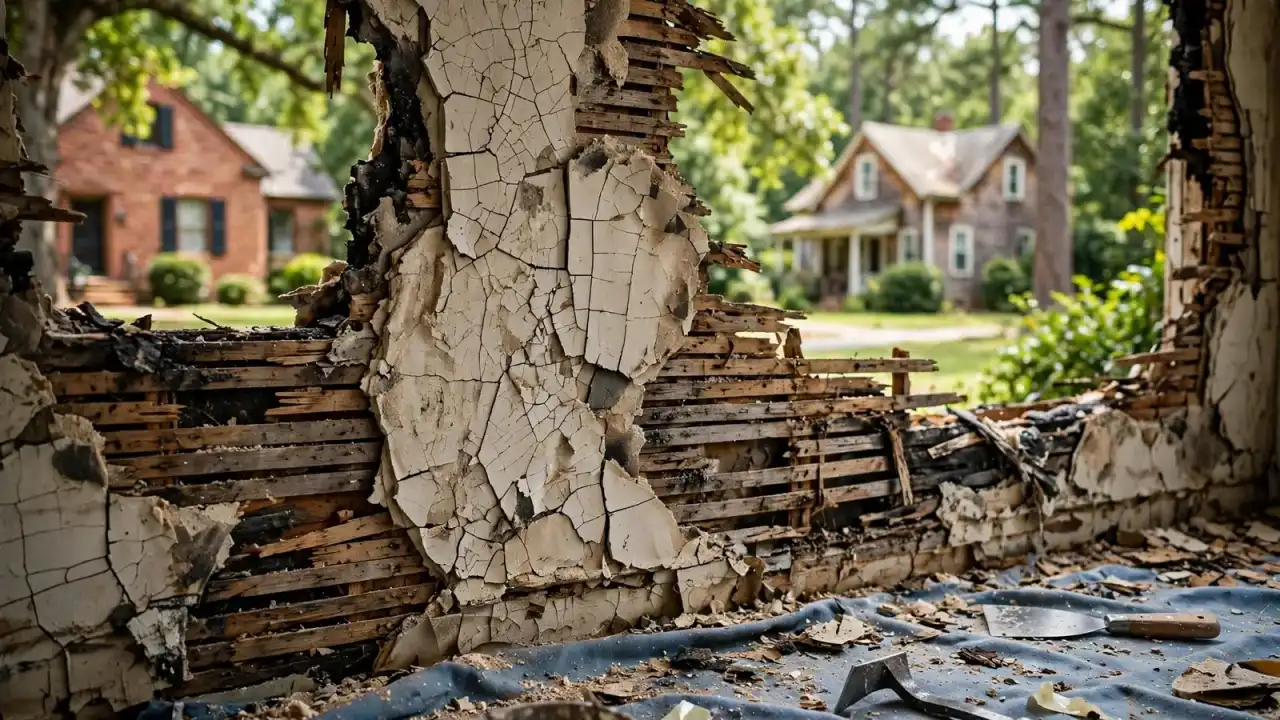 Torn plaster and wood lath in a damaged wall, with houses visible outside