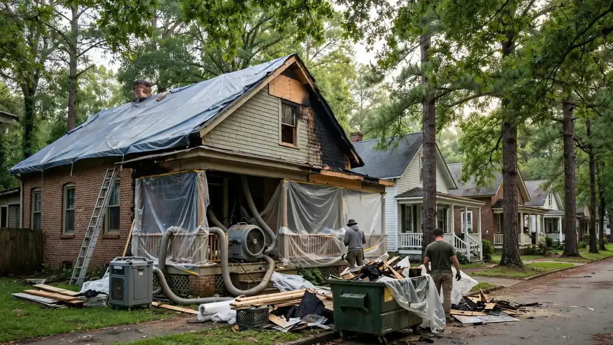Bungalow with a tarped roof and restoration equipment on a tree-lined street