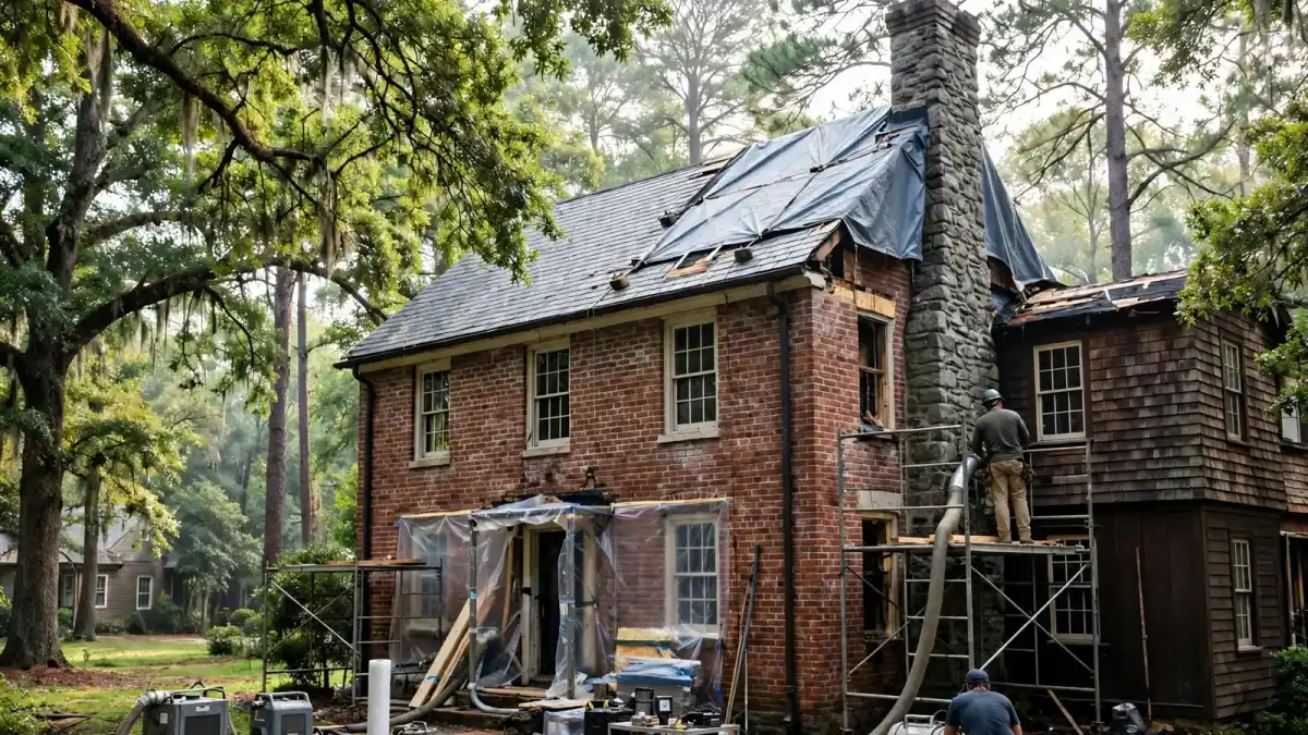 Brick house with a stone chimney, tarped roof and scaffolding