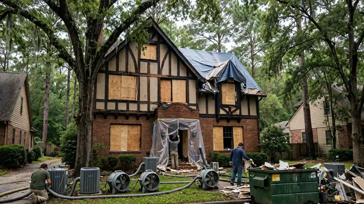 Tudor-style house with boarded windows and drying equipment on the lawn
