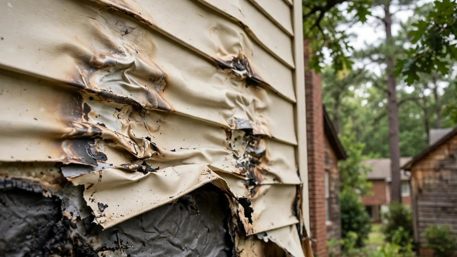 Close view of heat-warped and scorched beige vinyl siding