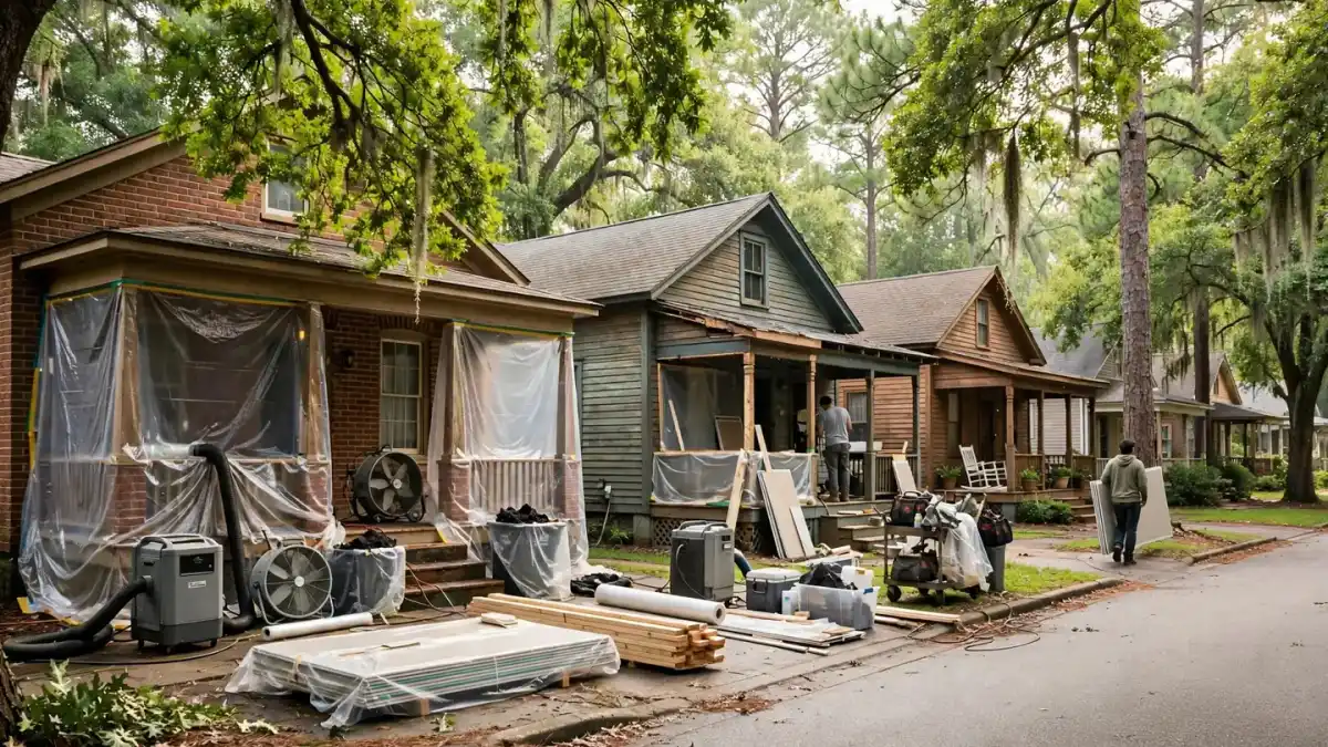 Row of porch houses wrapped in plastic with restoration equipment outside