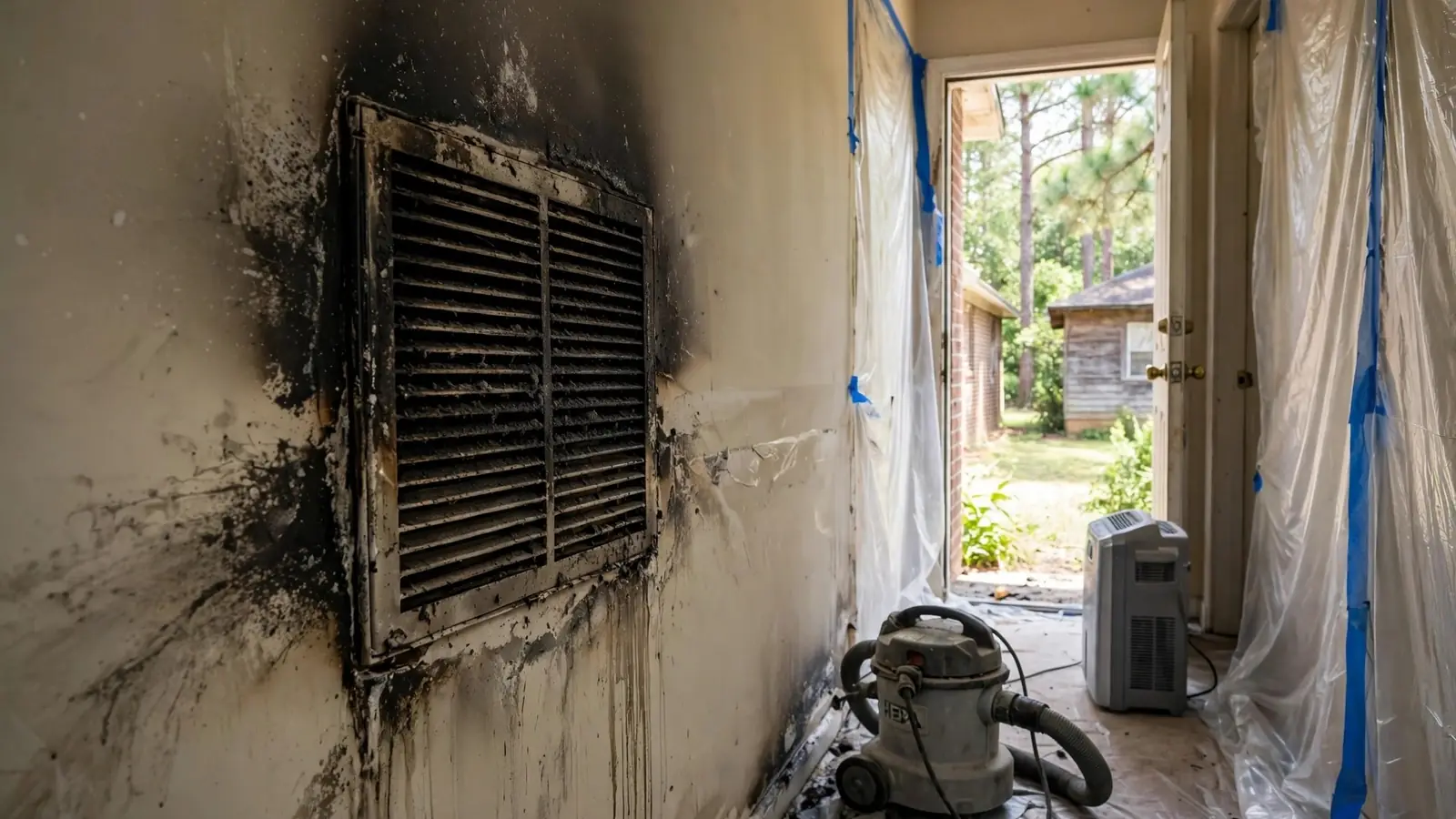 Wall vent grille surrounded by heavy soot staining in a sealed-off room