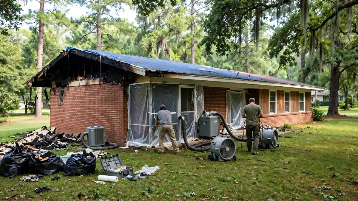 Fire-damaged brick ranch house with workers and air movers on the lawn