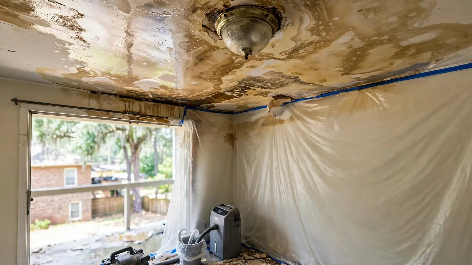 Water-stained ceiling around a light fixture in a room lined with plastic