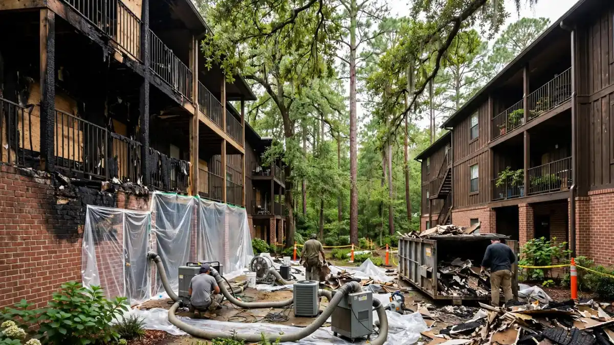 Fire-damaged apartment buildings with plastic sheeting and equipment below