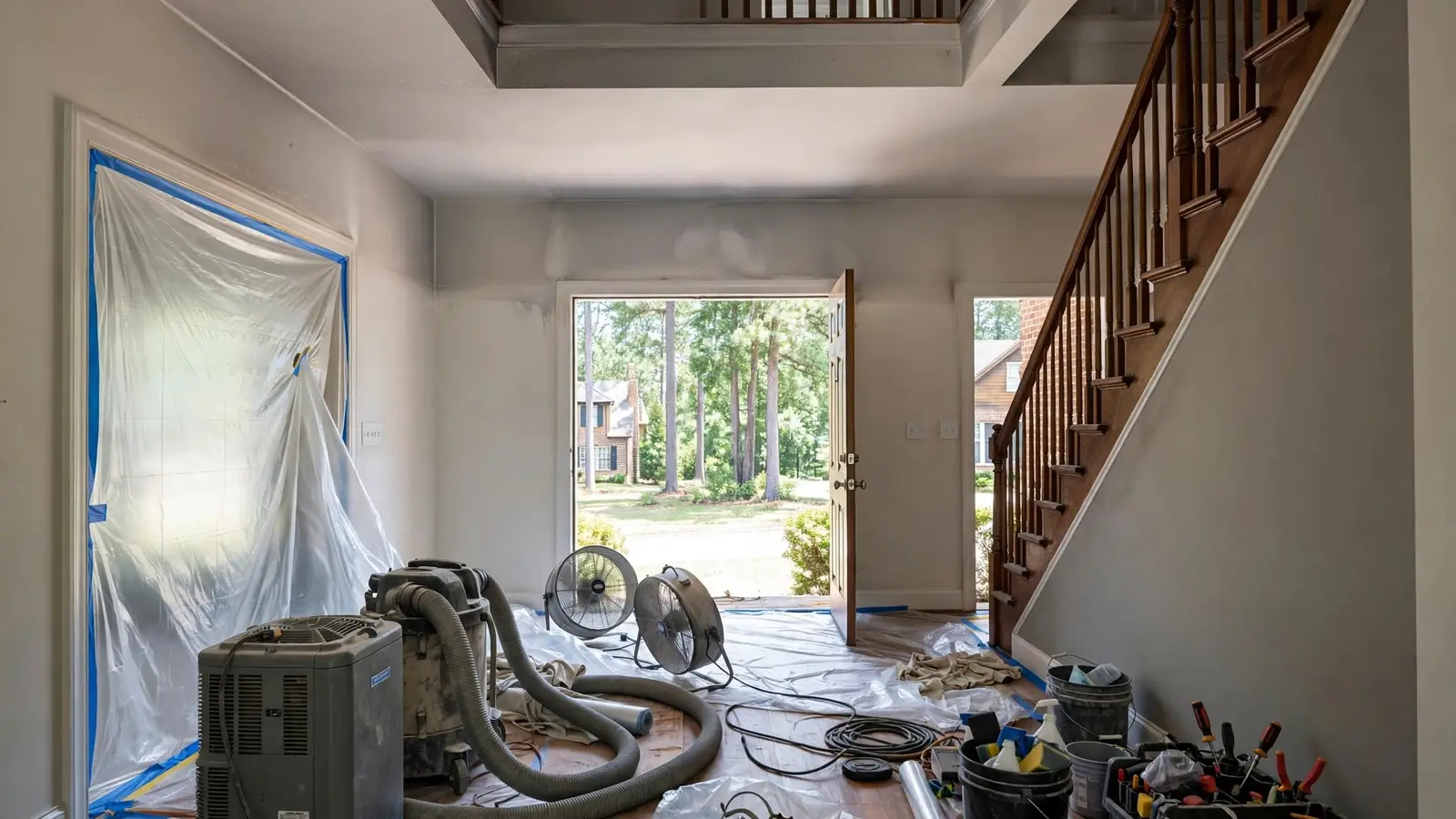 Entry hall with a staircase, plastic sheeting and drying equipment