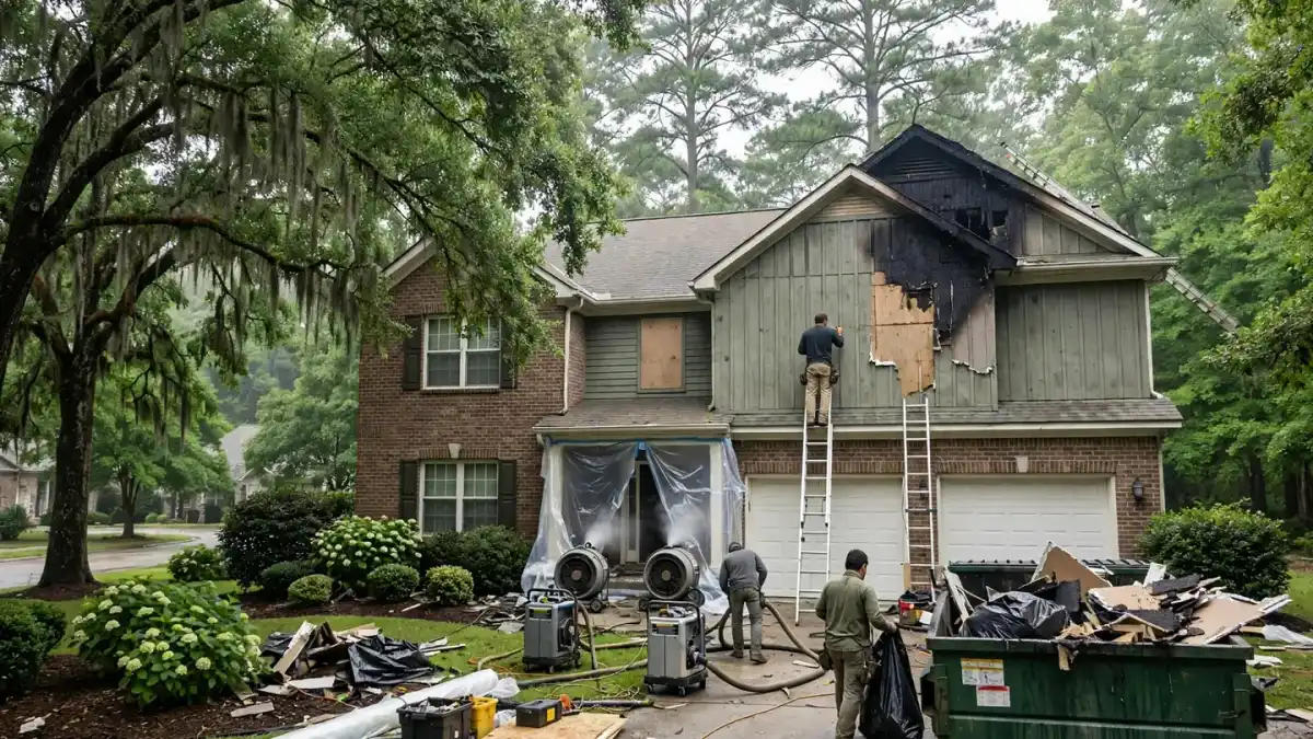 Two-story house with fire damage above the garage and a crew at work