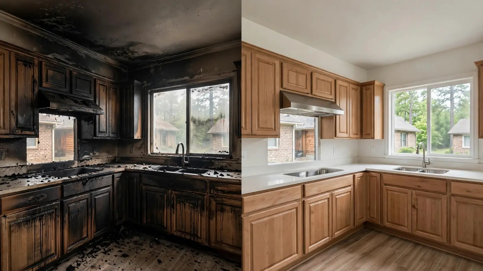 Kitchen cabinets and ceiling before and after grease soot cleaning