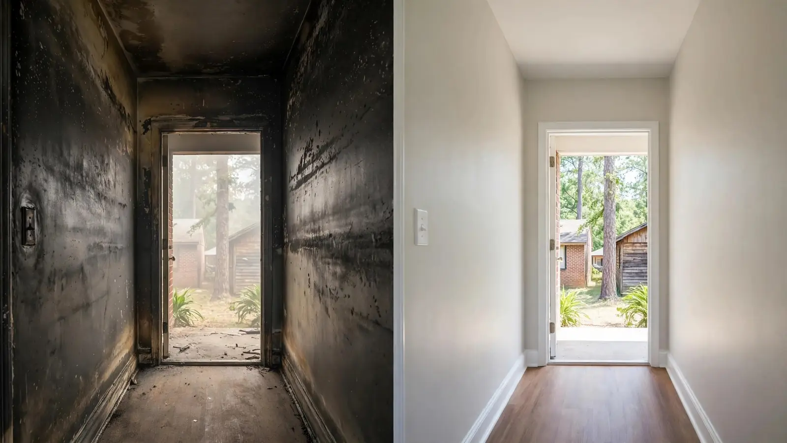 Hallway split view: blackened walls beside the same hallway painted white