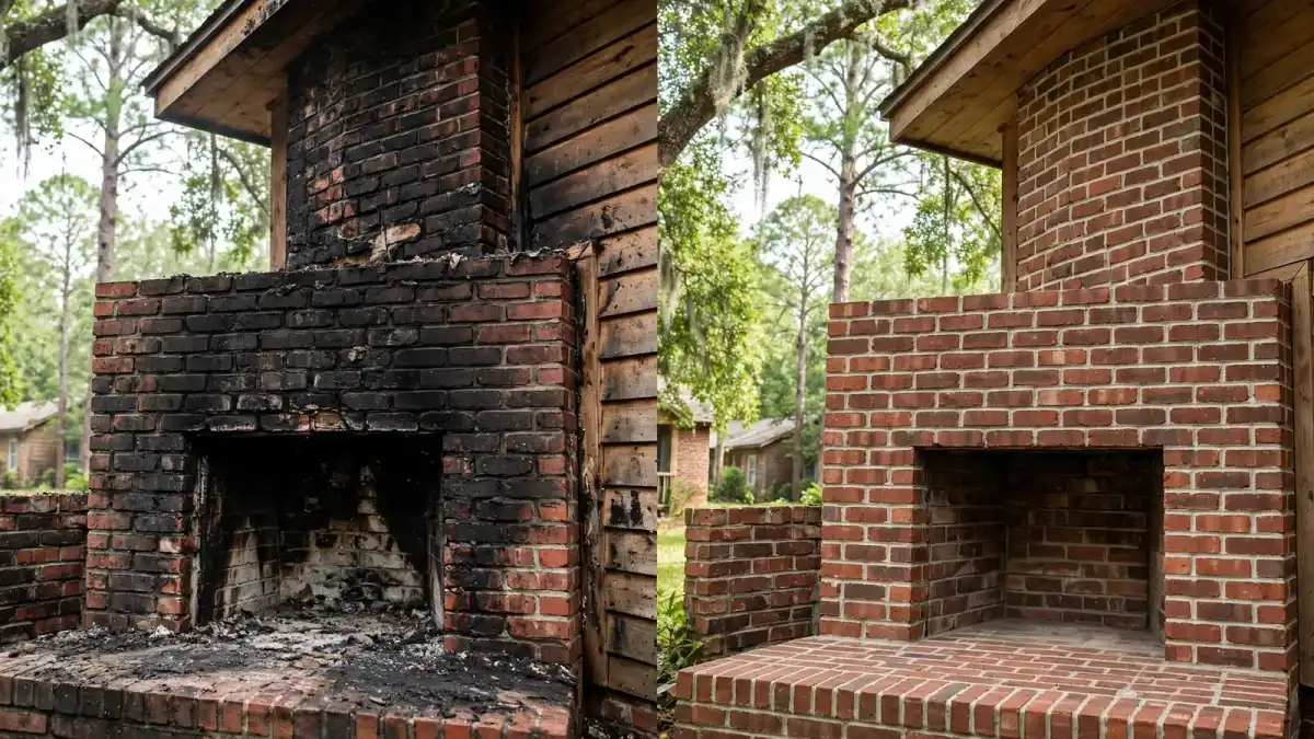 Brick fireplace surround before and after soot cleaning