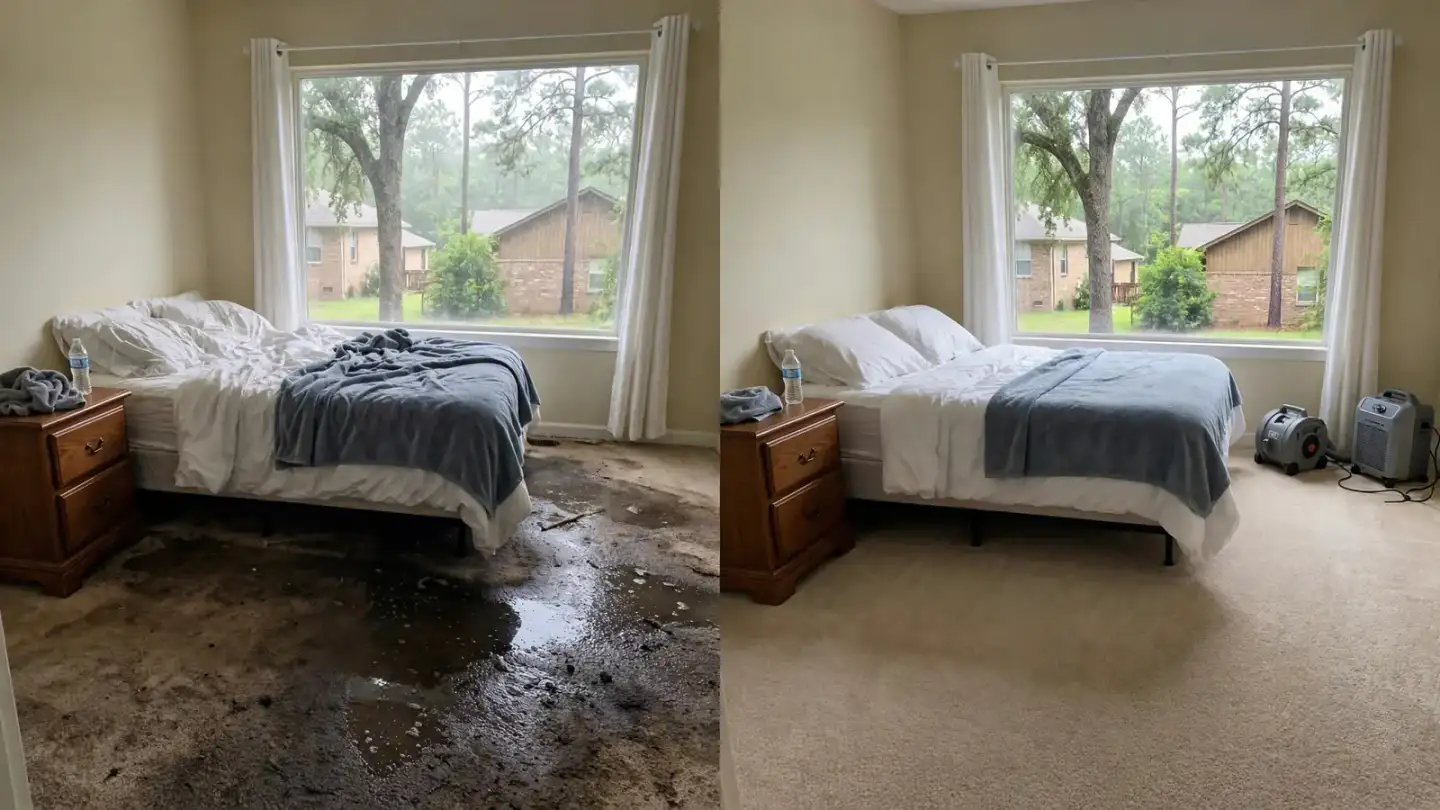 Bedroom carpet area before and after water extraction and drying