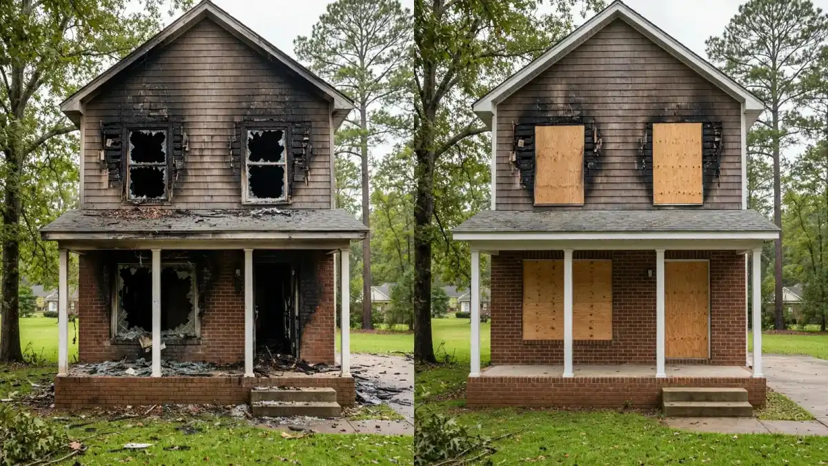 House front with broken windows before and after board-up