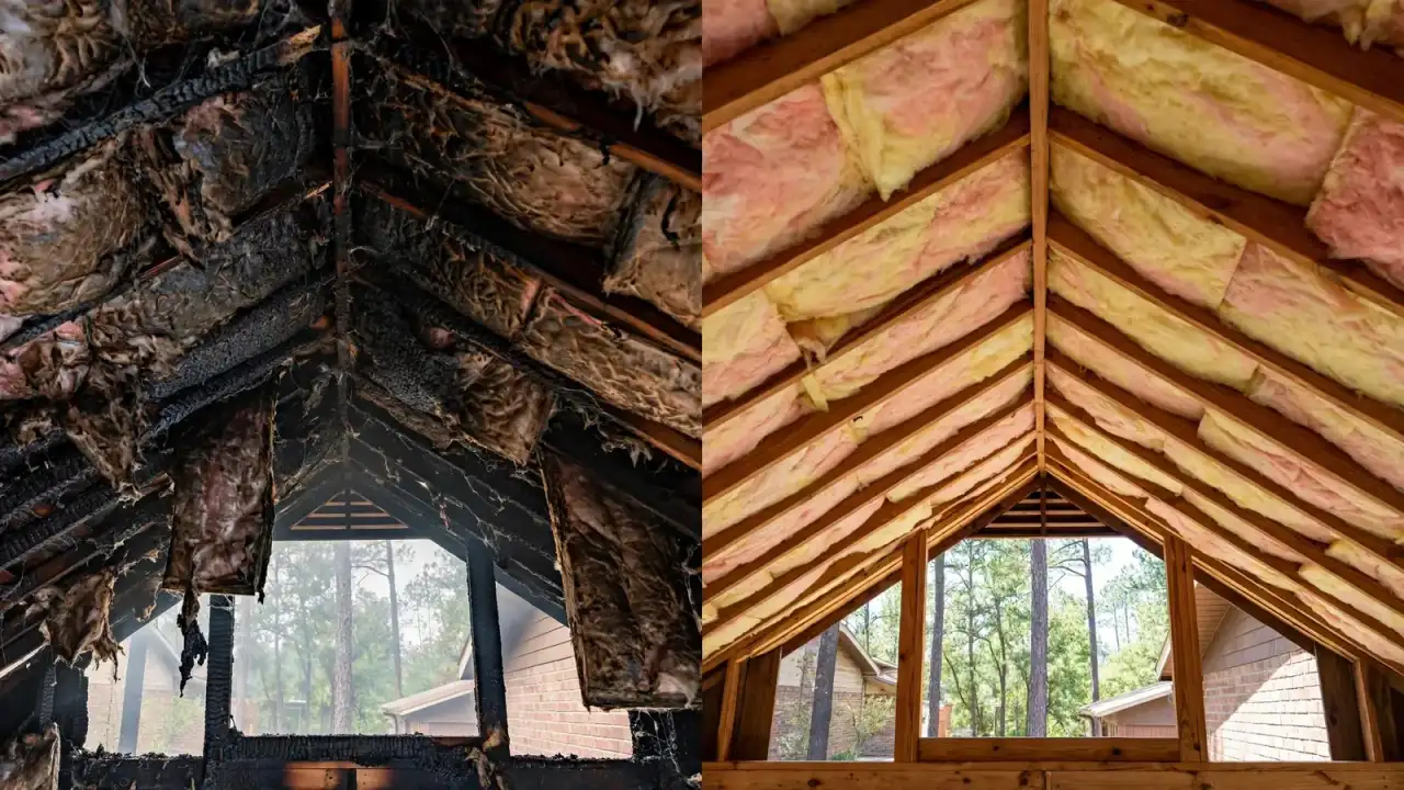 Attic before and after removal of smoke-damaged insulation
