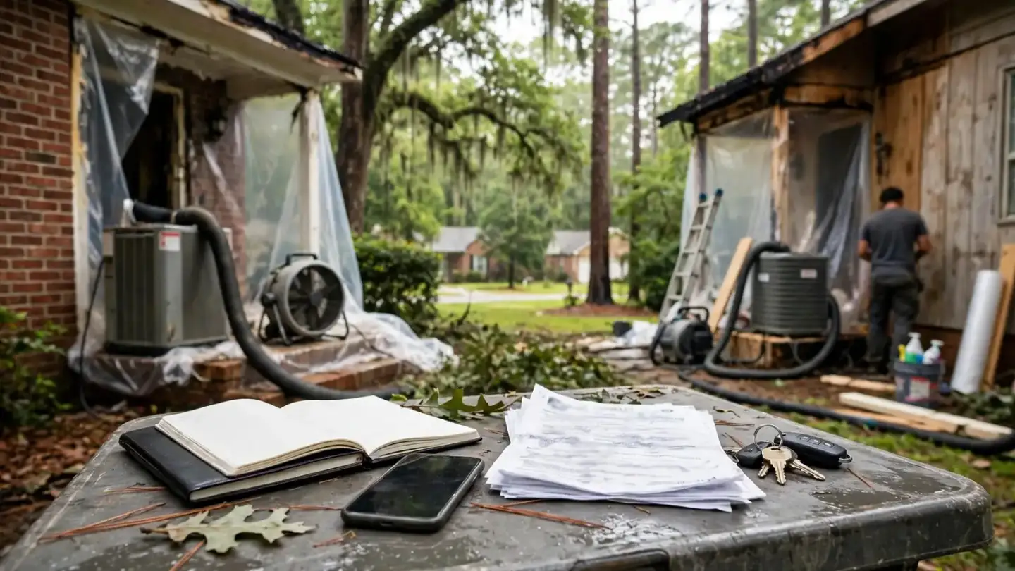 Notebook, phone, papers and keys on a table near restoration equipment