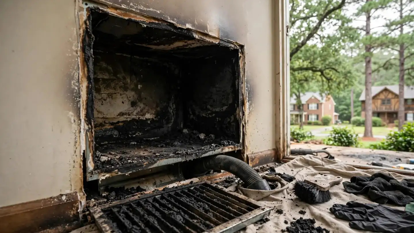Soot-blackened wall opening with a removed grille lying on the floor