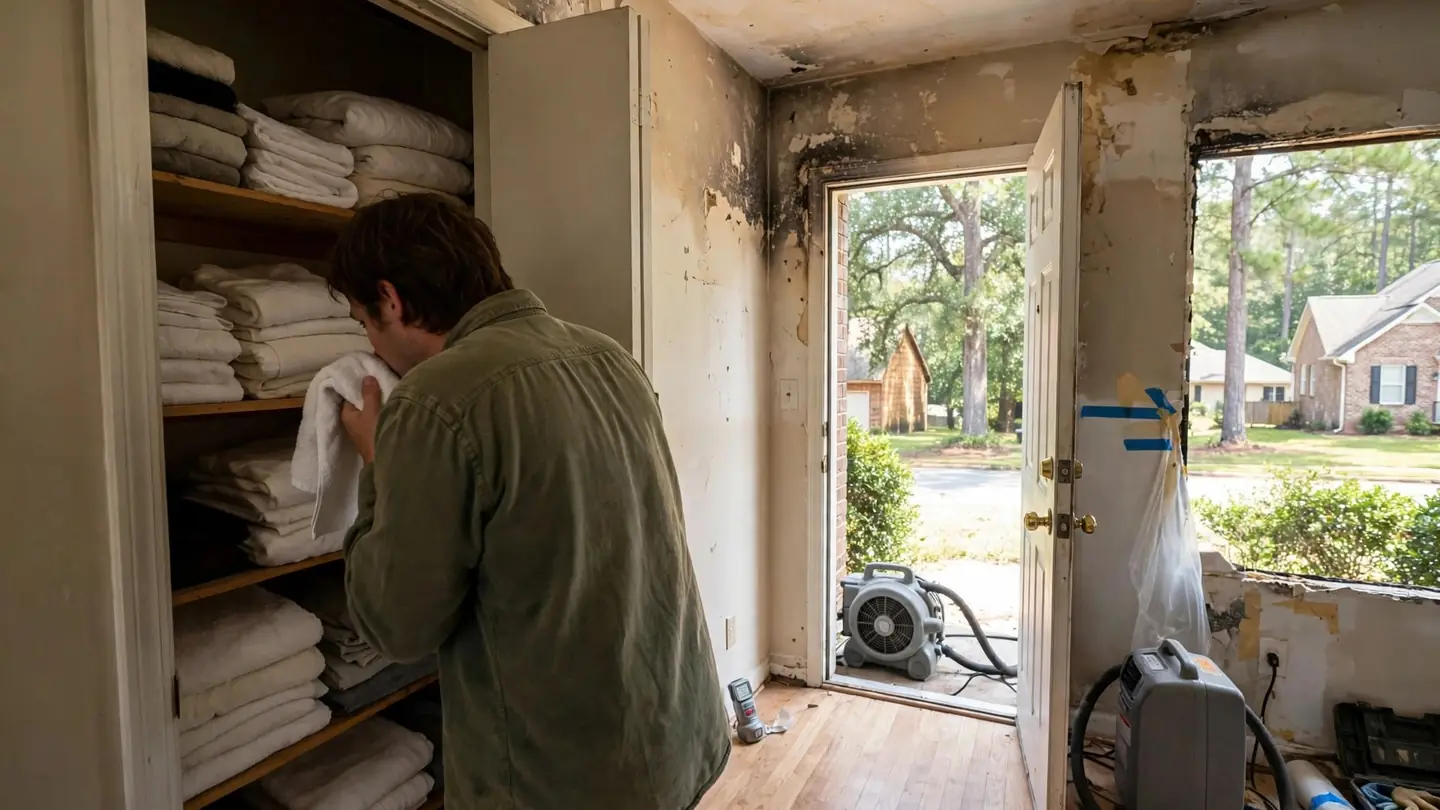 Person checking stored towels in a linen closet in a smoke-damaged home
