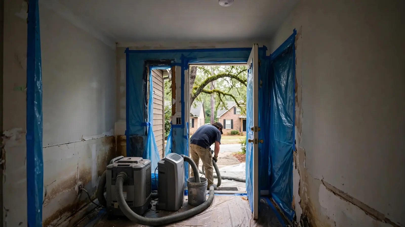 Hallway sealed with blue tape and plastic while drying equipment runs