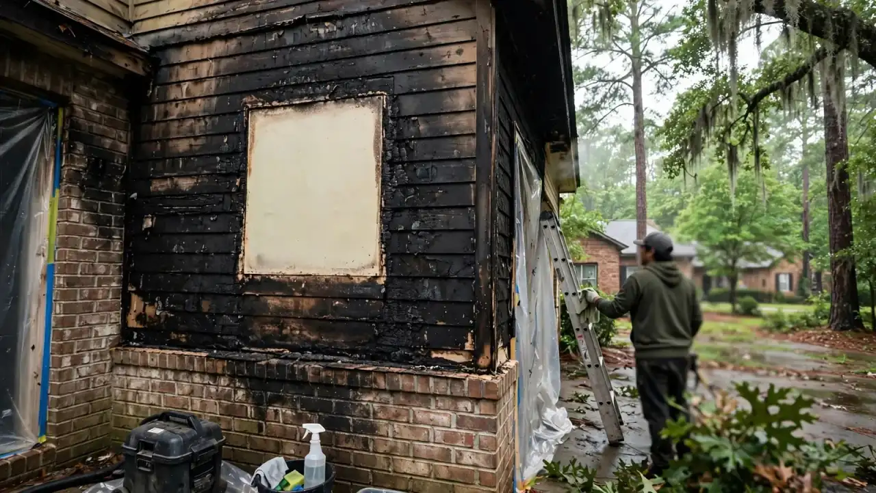 Clean rectangle on soot-darkened siding where something had hung
