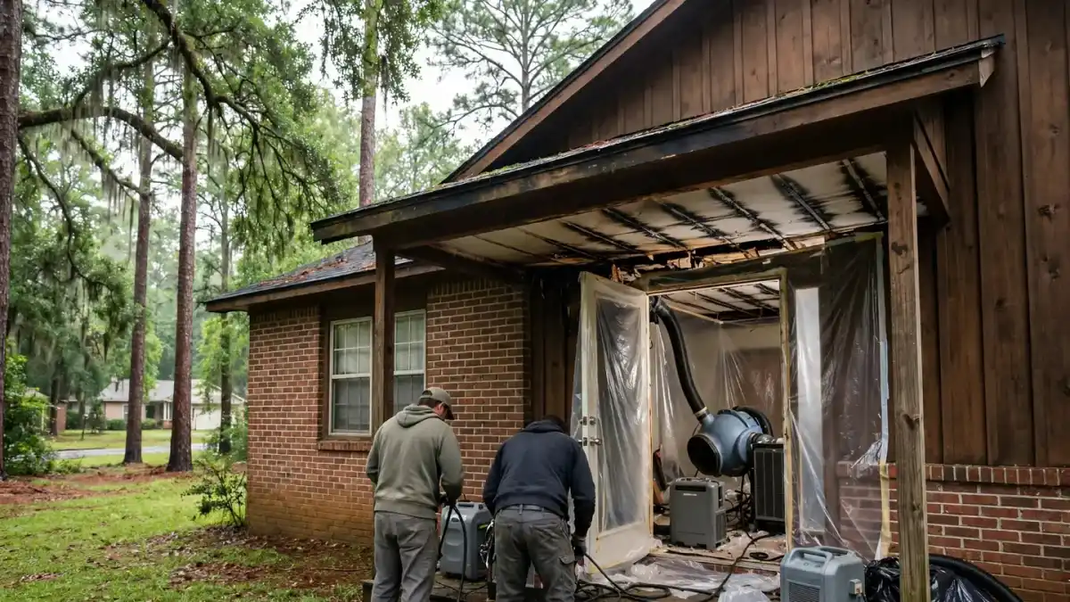 Two workers setting up equipment under the damaged porch of a brick house