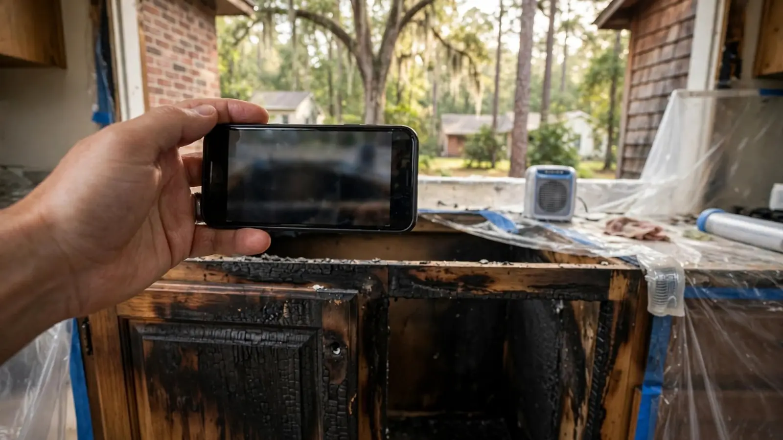 Hand holding a phone up to a soot-damaged kitchen cabinet