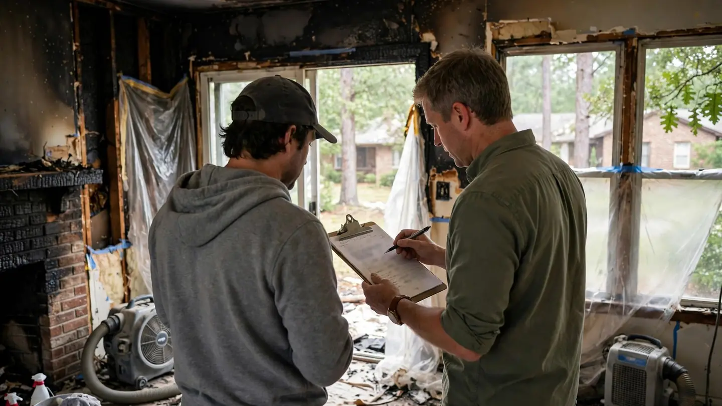 Two men reviewing notes on a clipboard in a smoke-damaged room