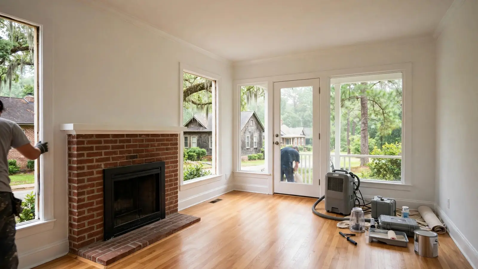Bright living room with a brick fireplace and clean hardwood floors
