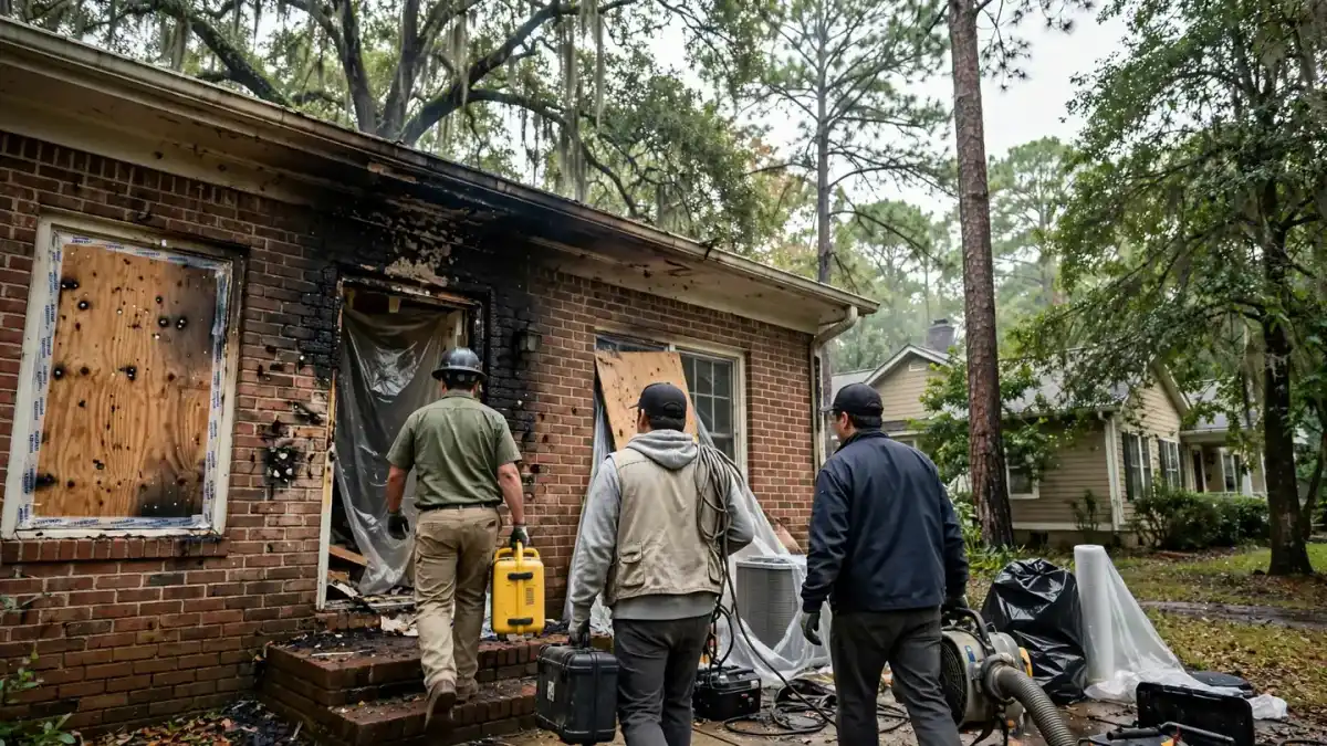 Restoration crew carrying equipment into a fire-damaged brick home