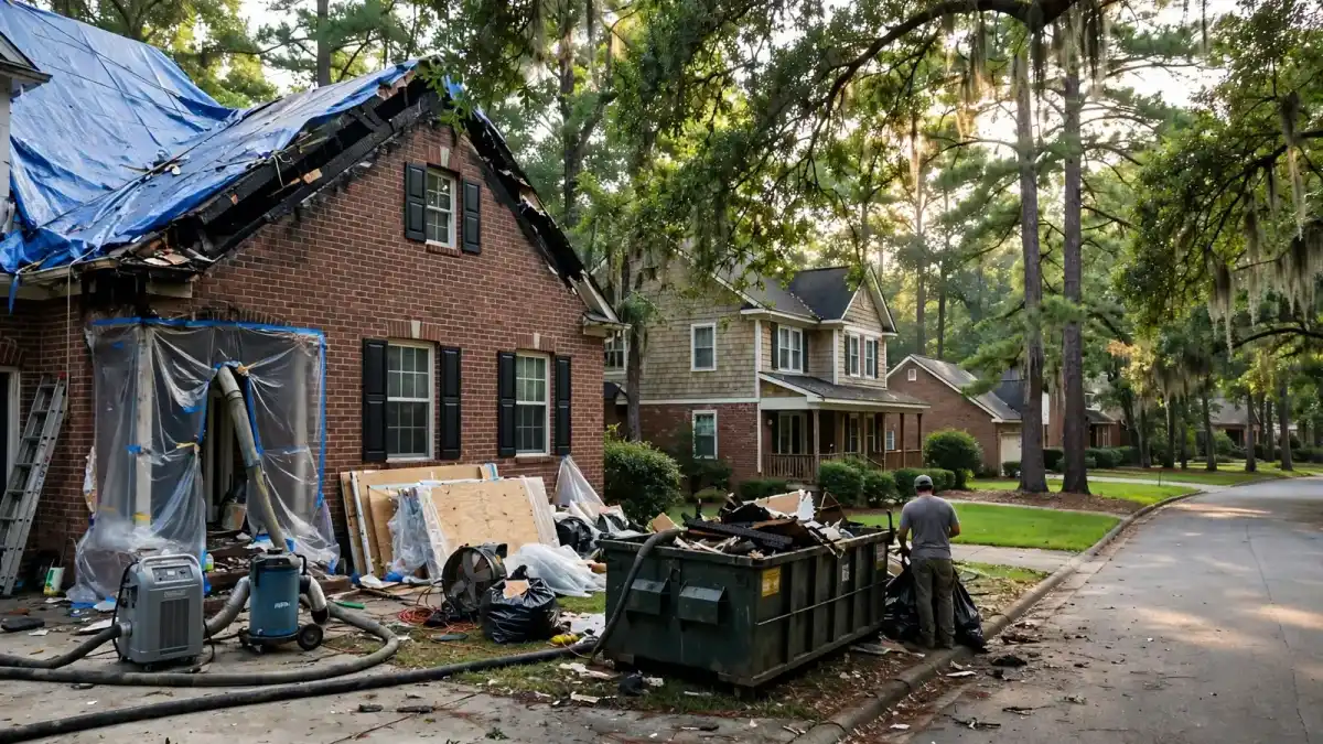 Brick house with a tarped roof and a dumpster on a leafy street