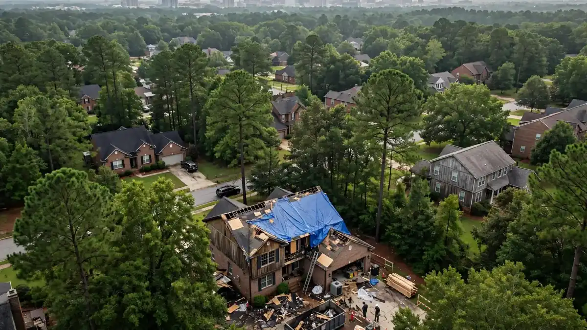 Aerial view of a wooded neighborhood with one house under a blue tarp