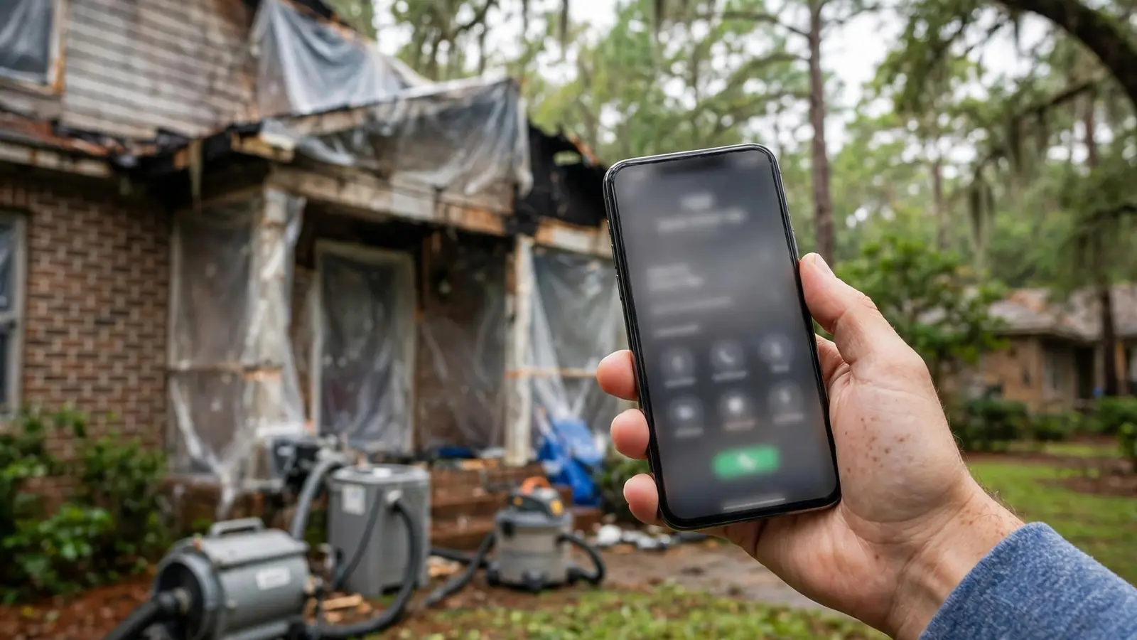 Hand holding a phone on a call in front of a damaged house