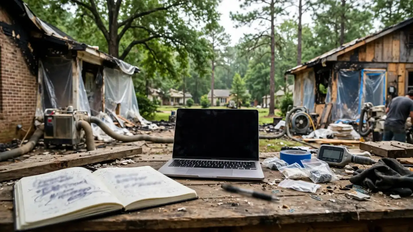 Open notebook and laptop on a table outside a fire-damaged house