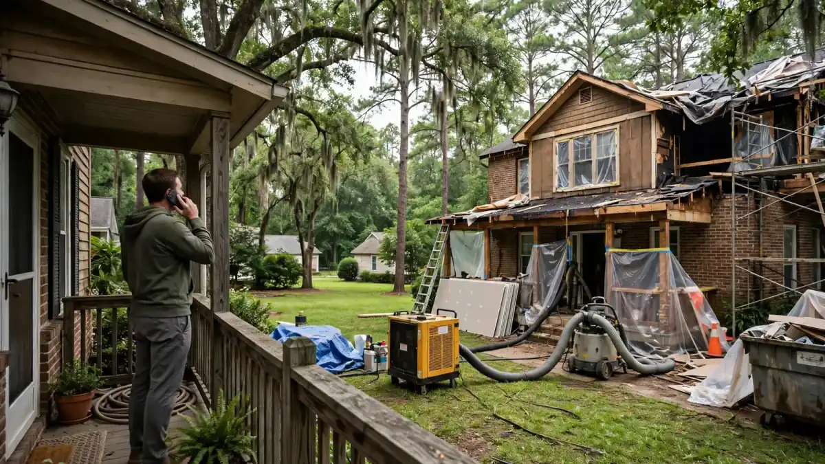 Man on the phone on a porch looking at a damaged house next door
