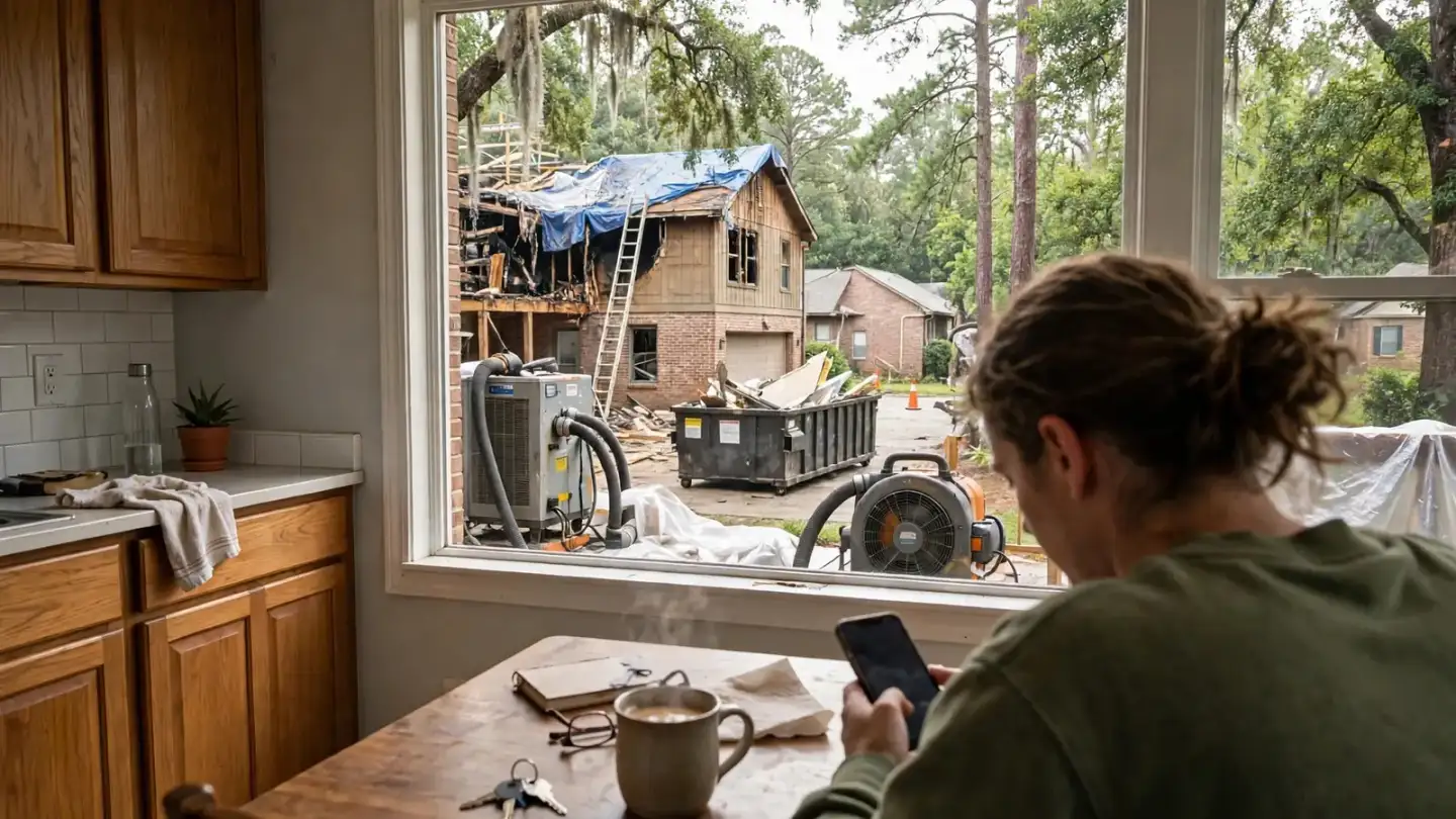 Person reading a phone at a kitchen table by a window