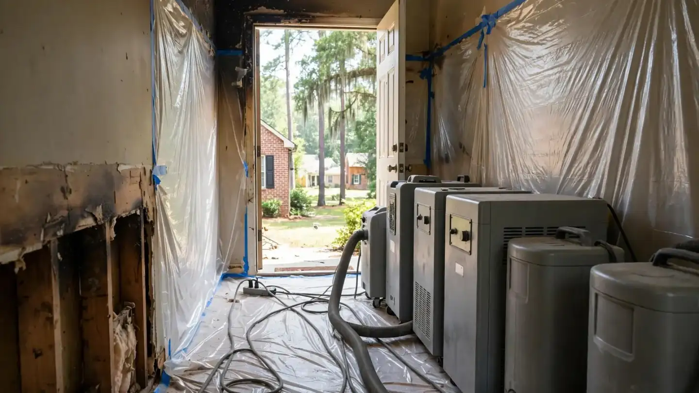 Air scrubbers and dehumidifiers lined up in a hallway sealed with plastic