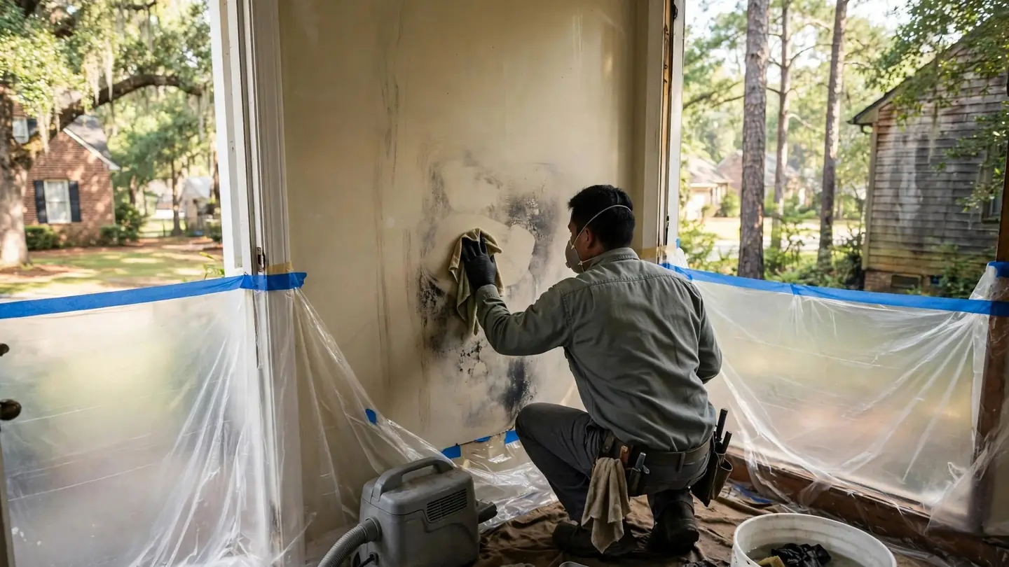 Worker in a mask wiping smoke film from a painted wall