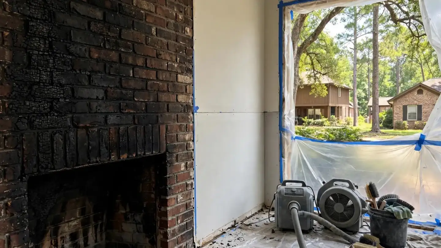 Soot-darkened brick fireplace beside a cleaned white wall