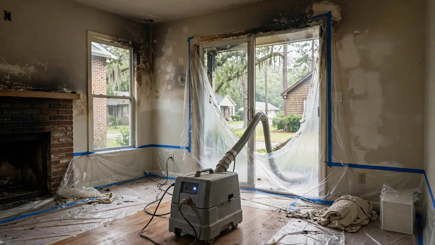 Air scrubber running in a smoke-stained living room