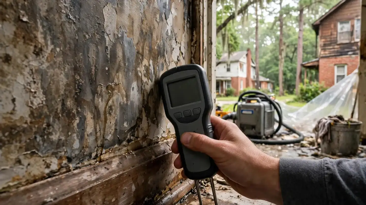 Moisture meter held against a stained, peeling wall