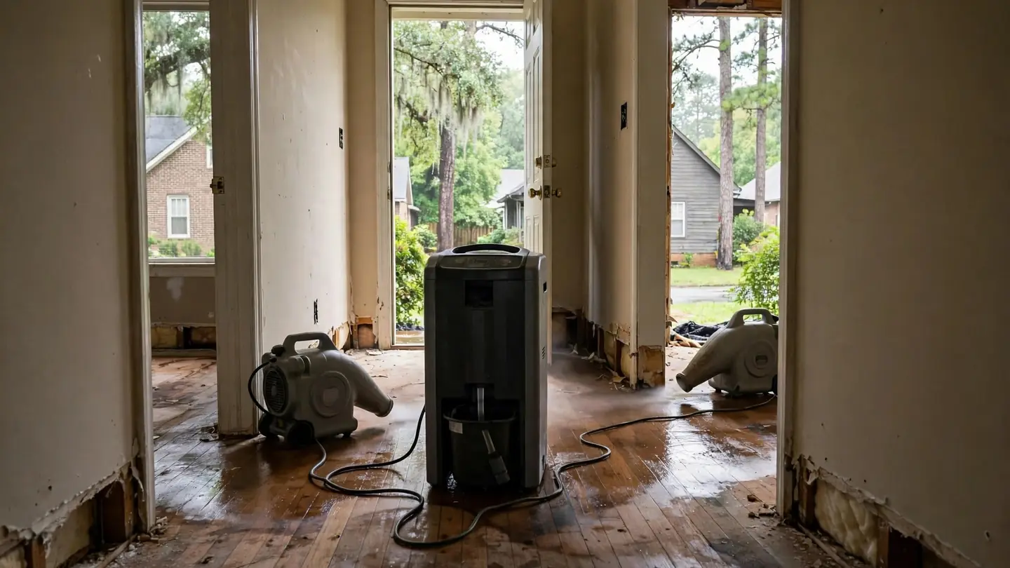 Dehumidifier and air movers drying a wet wooden hallway floor