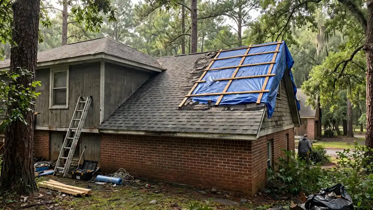 Blue tarp held down with wood battens on a shingled roof