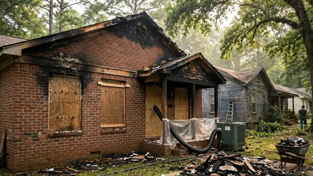 Brick house with plywood over its windows and door after a fire